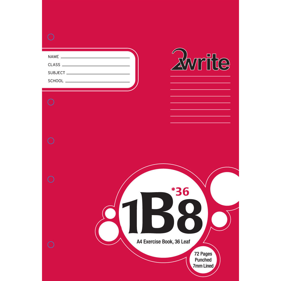 2Write 1B8 Exercise Book Binder 36L/72 Pages A4 Punched Ruled 7mm