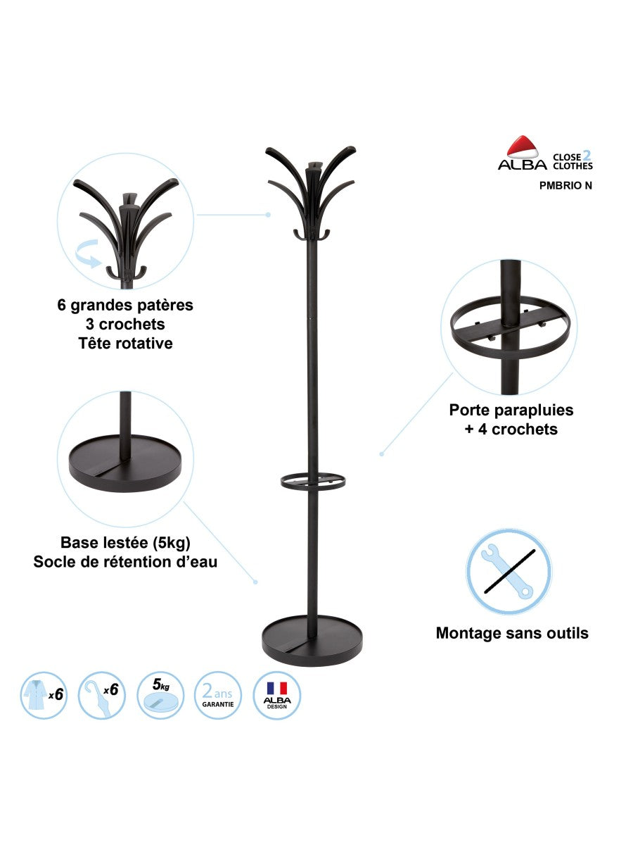 Alba Brio Coat Rack with Integrated Umbrella Stand Black 38cm (Base) X 170cm