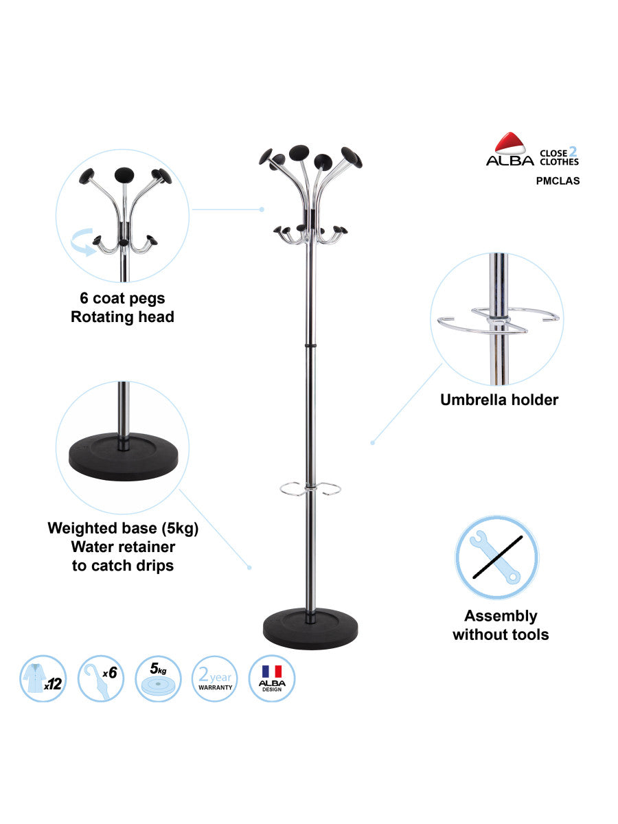 Alba Brio Coat Rack with Integrated Umbrella Stand Chrome 38cm (Base) X 177cm