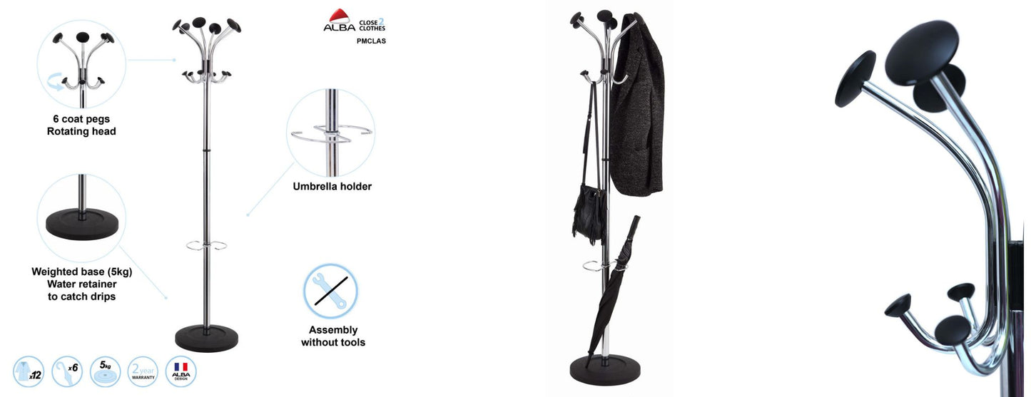 Alba Brio Coat Rack with Integrated Umbrella Stand Chrome 38cm (Base) X 177cm