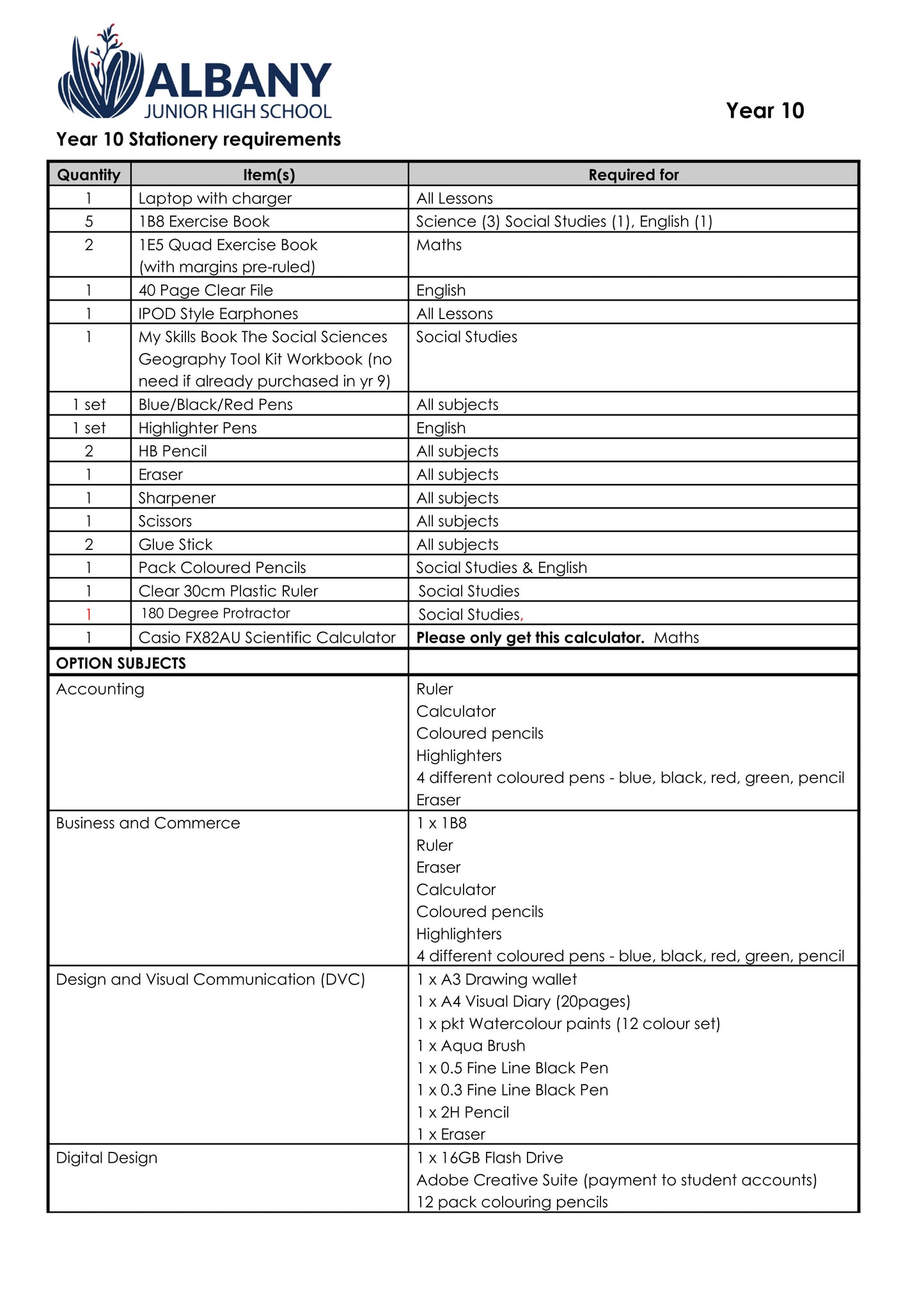 Albany Junior High School Stationery Pack 2024 Year 10