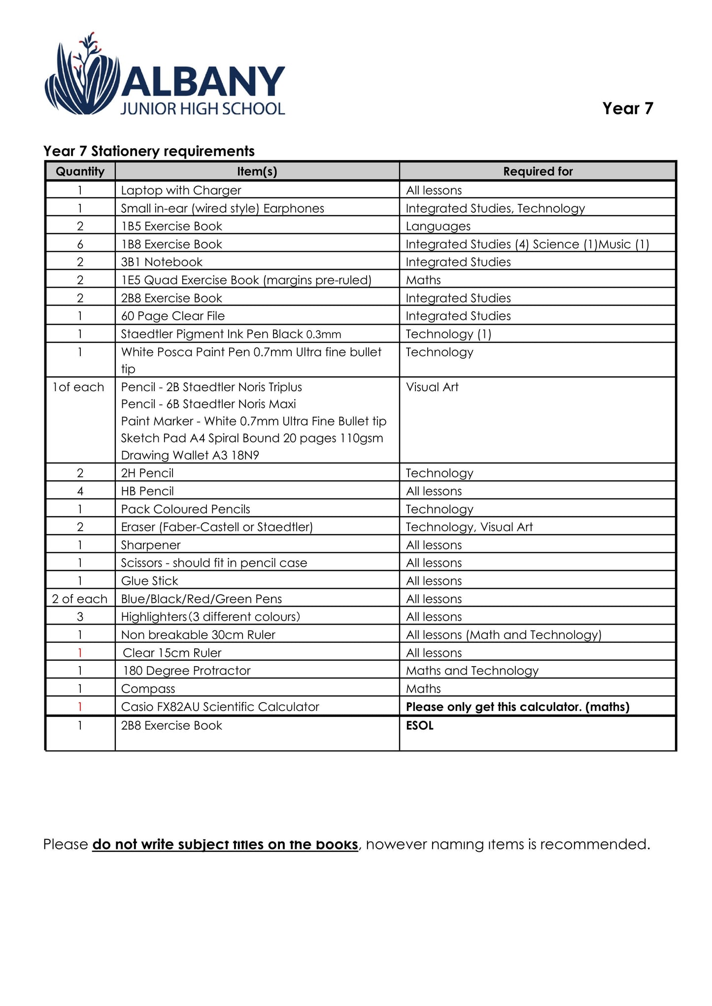 Albany Junior High School Stationery Pack 2024 Year 7