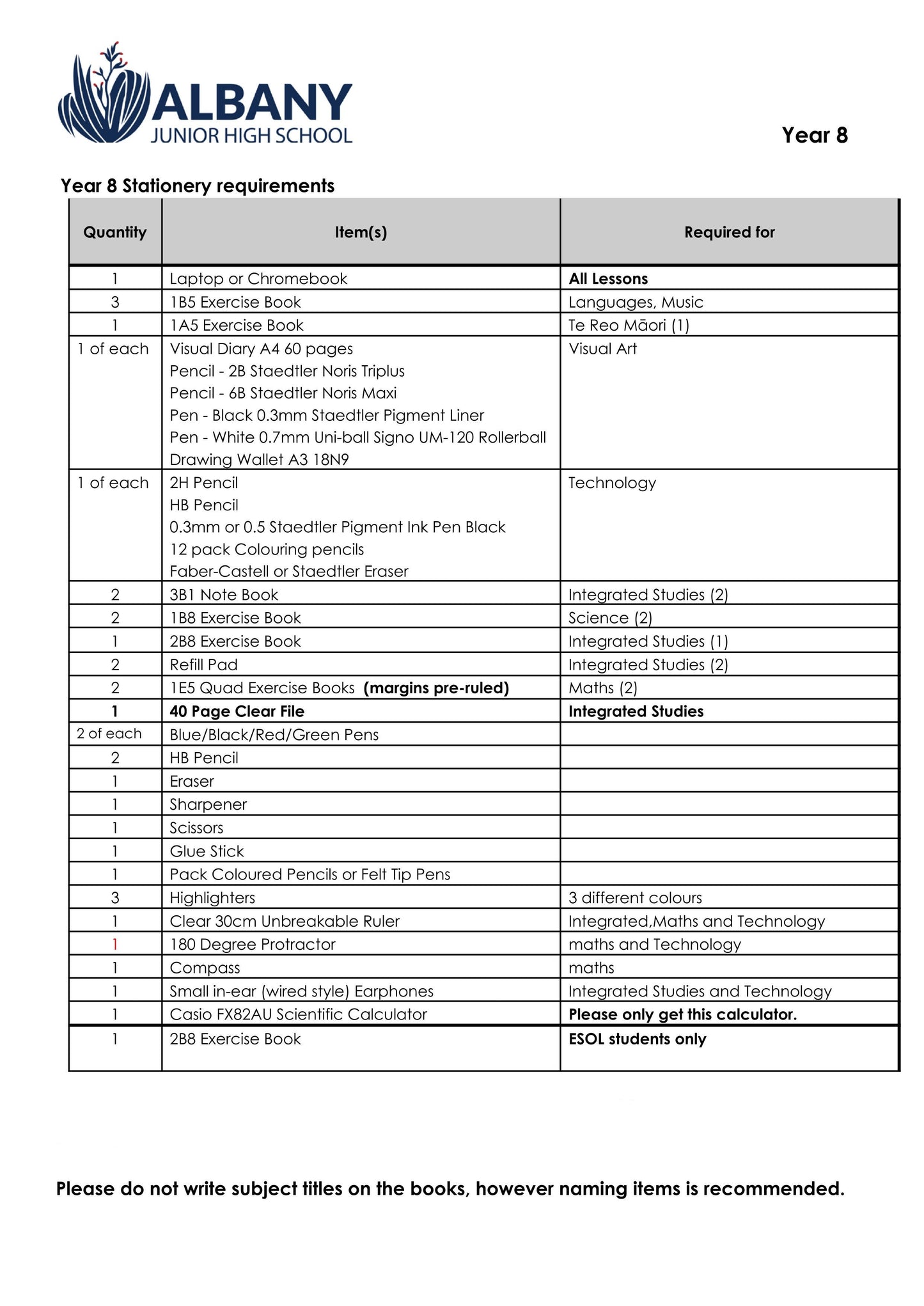 Albany Junior High School Stationery Pack 2024 Year 8