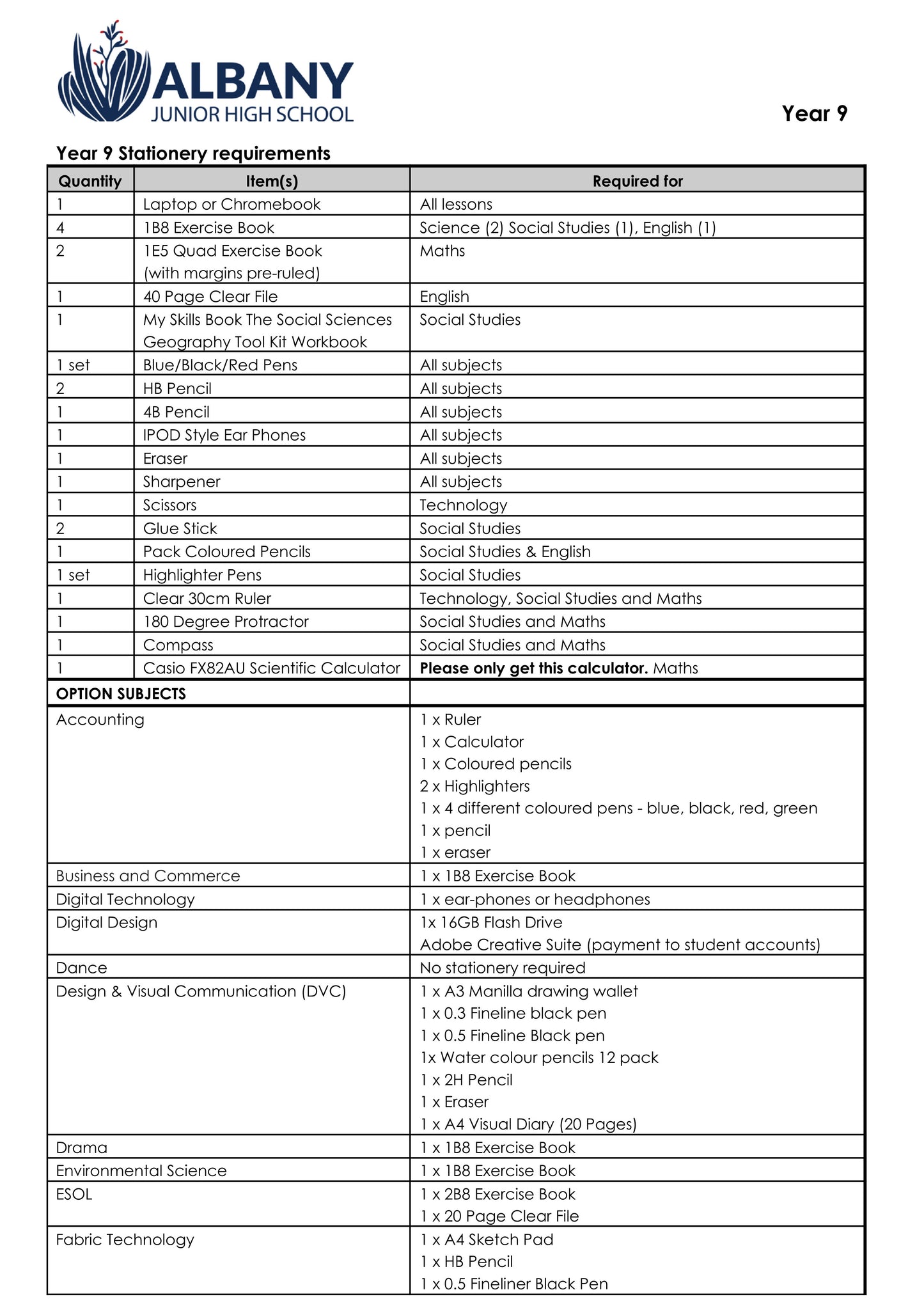 Albany Junior High School Stationery Pack 2024 Year 9