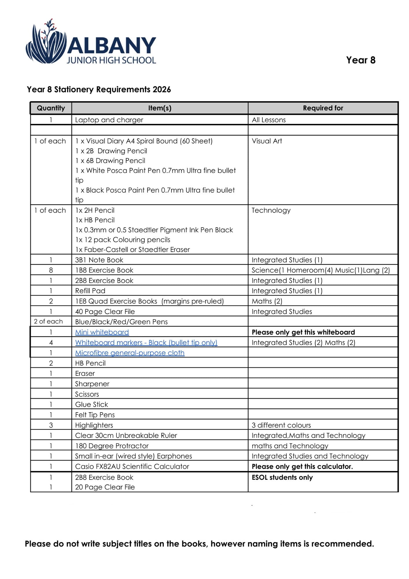 Albany_Junior_High_School_2026_Stationery_List_Year_8