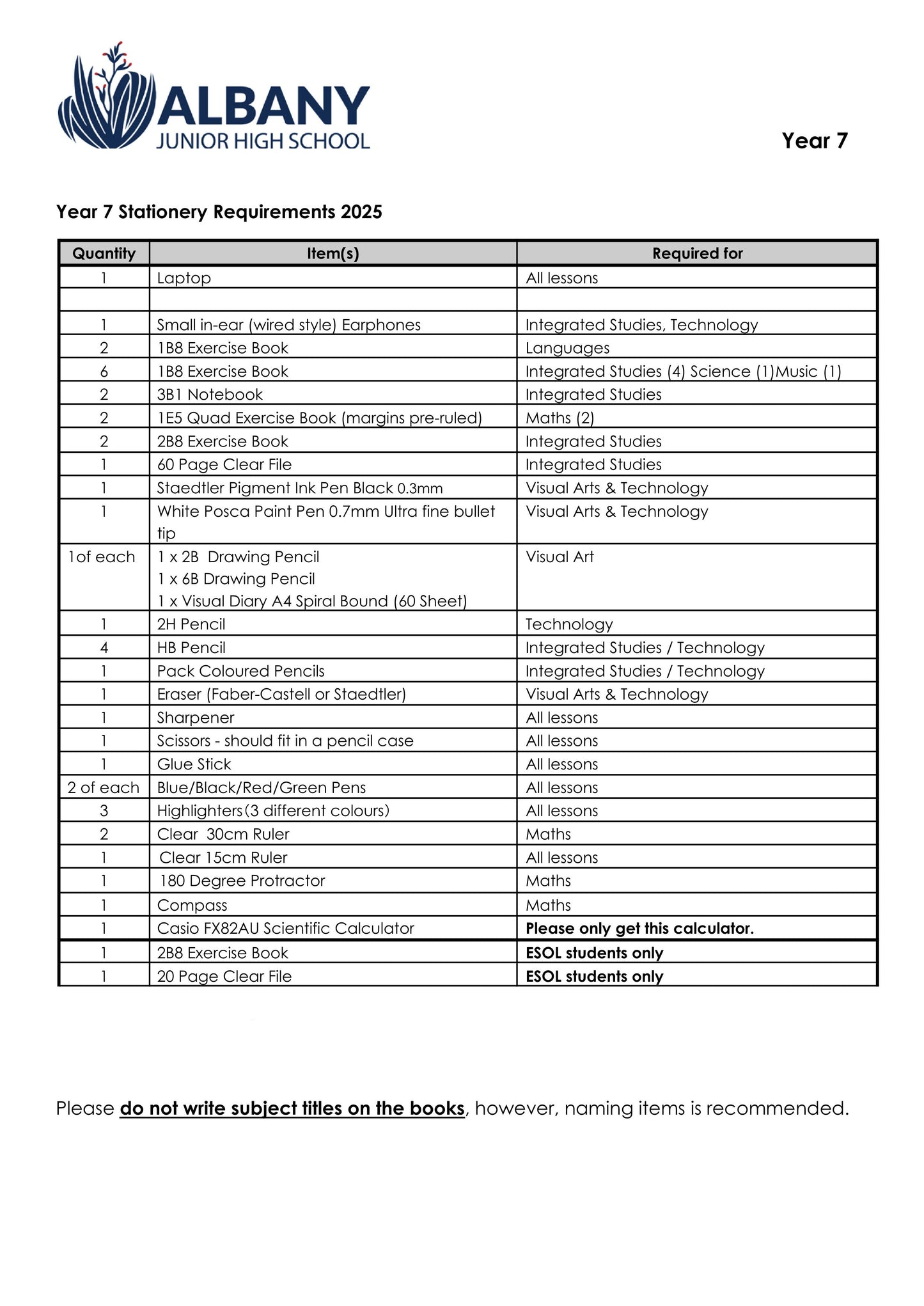 Albany Junior High School Stationery List 2025 Year 7