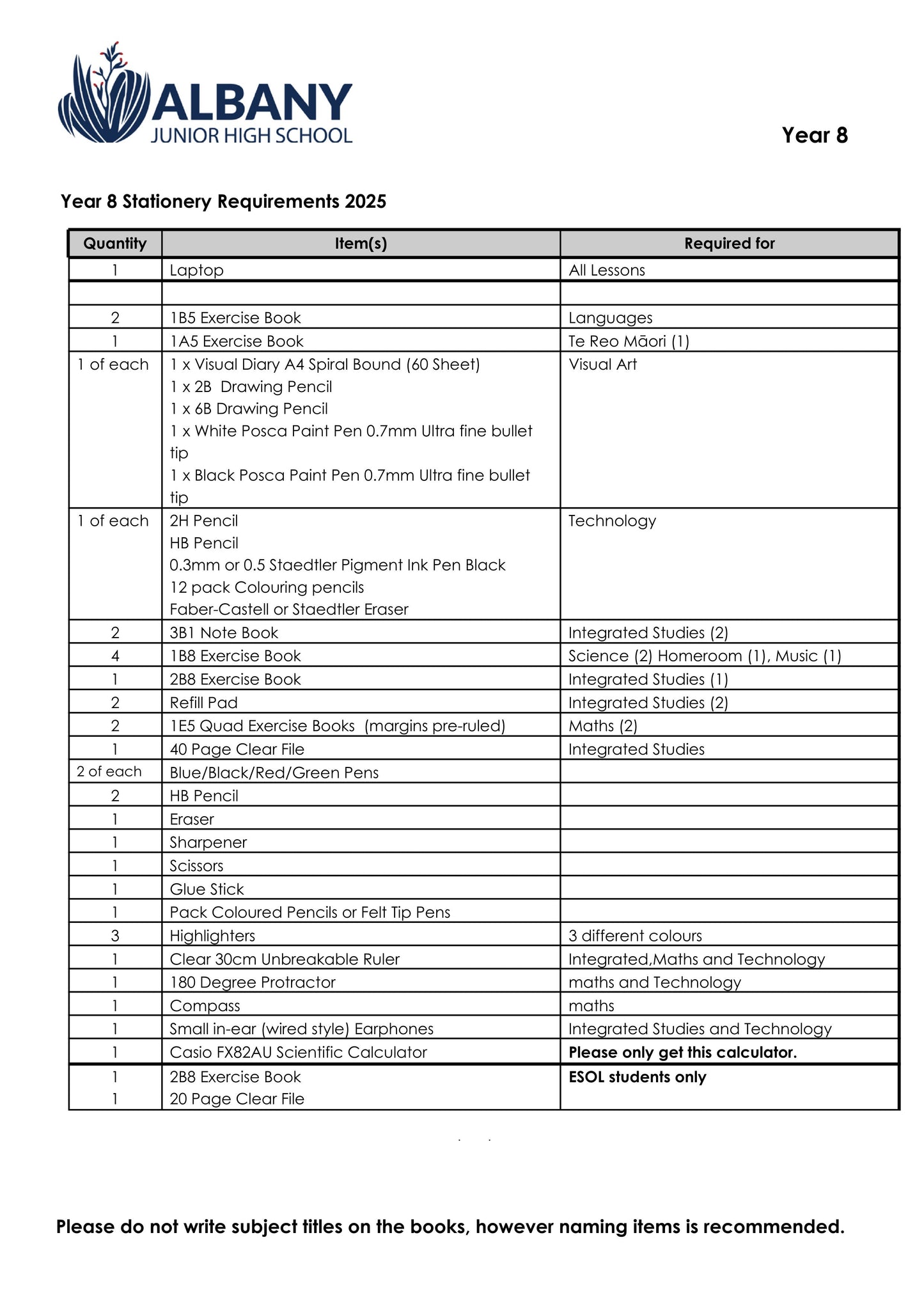 Albany Junior High School Stationery List 2025 Year 8