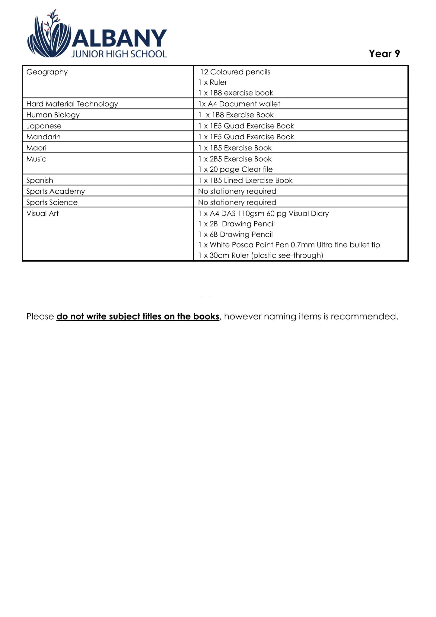 Albany Junior High School Stationery List 2025 Year 9 Page 2