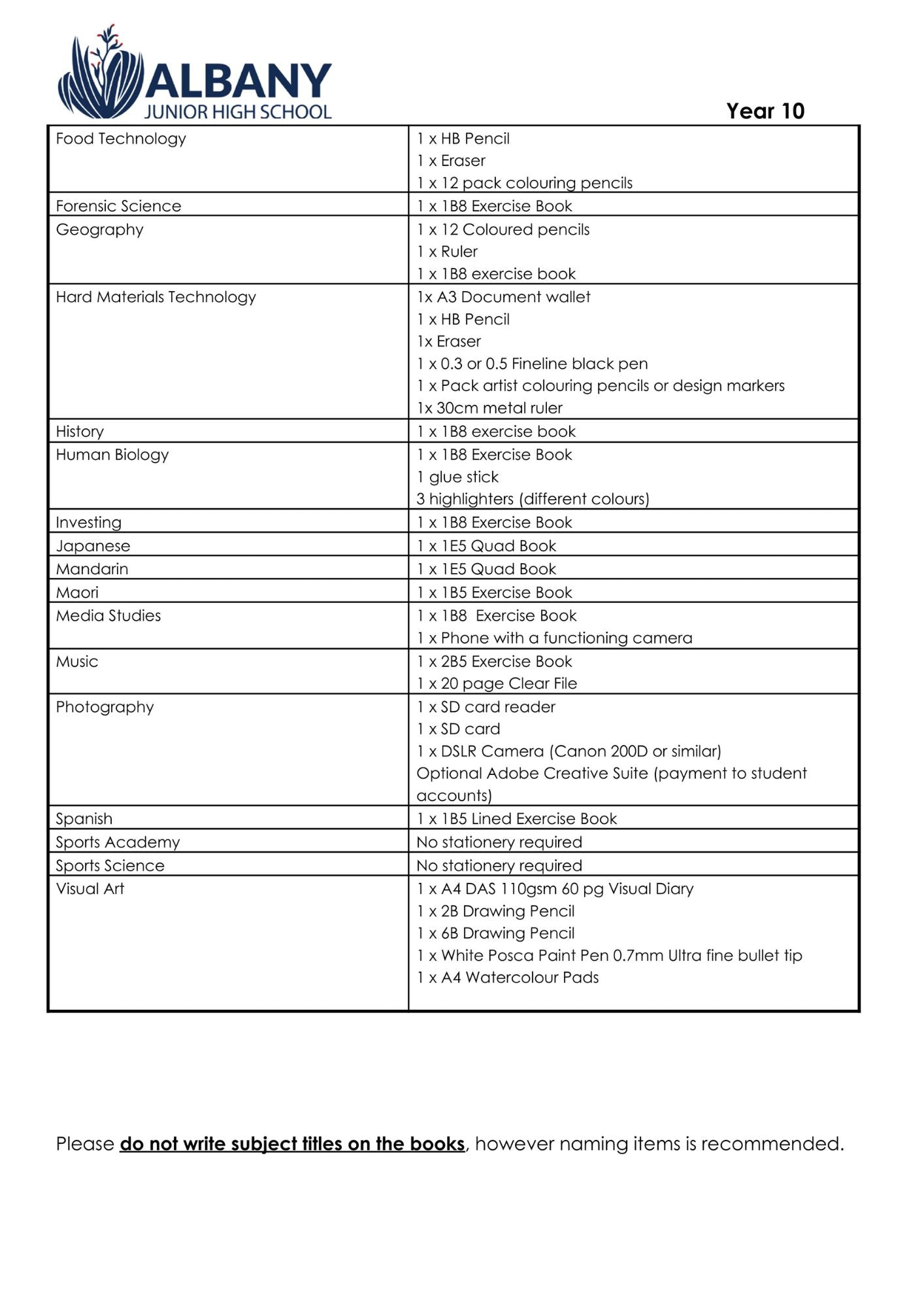 Albany Junior High School Stationery List 2026 Year 10