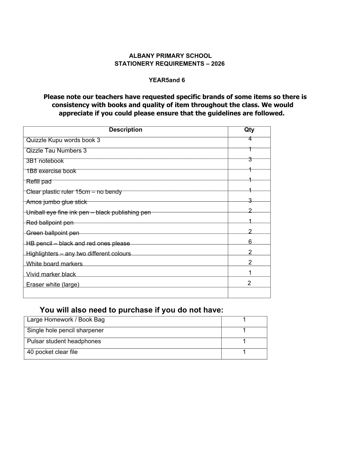 Albany Primary School Stationery List 2026 Year 5 & 6