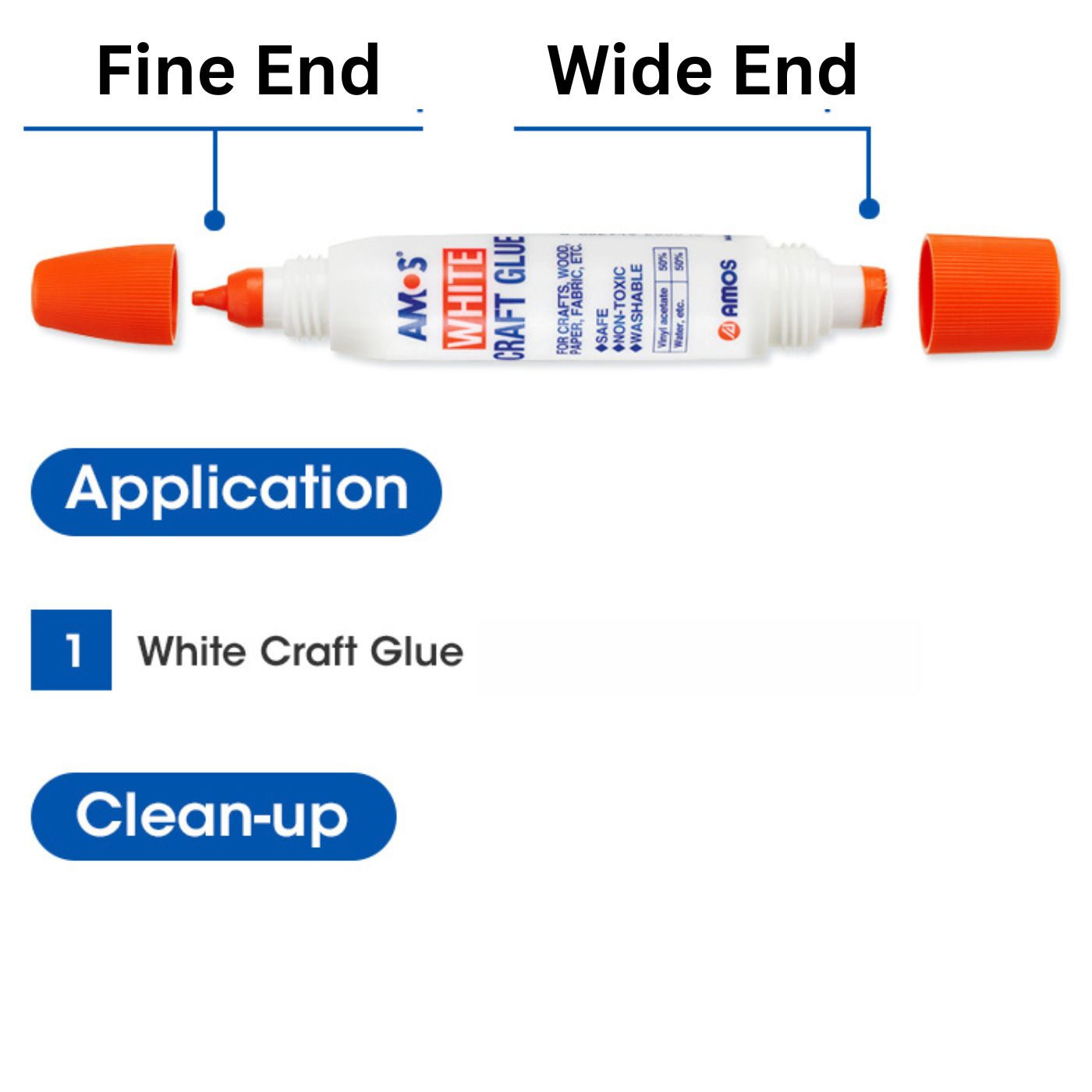 White craft glue container with fine and wide ends labeled, on a white background.