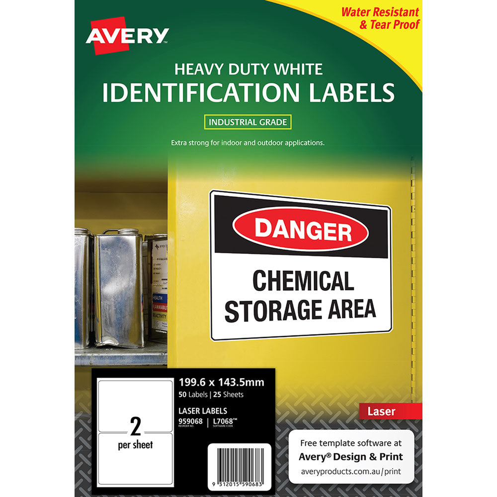 Avery Heavy Duty ID Label L7068 White Laser 199.6x143.5mm 2up 25 Sheets – Waterproof, Tear-Resistant, Oil & UV Proof