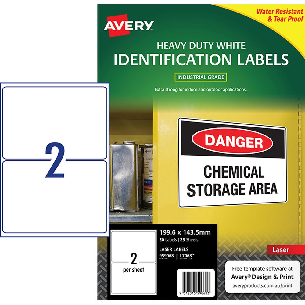 Avery Heavy Duty ID Label L7068 White Laser 199.6x143.5mm 2up 25 Sheets – Waterproof, Tear-Resistant, Oil & UV Proof