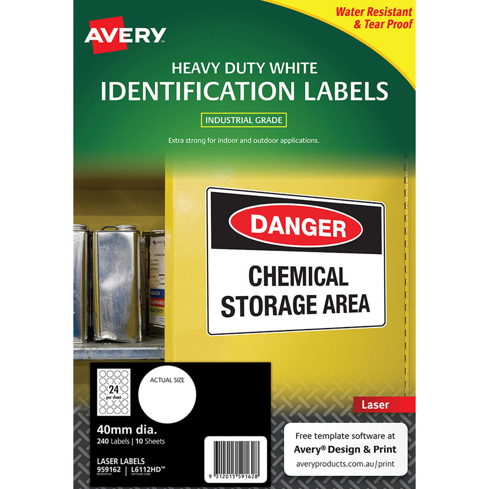 Avery Heavy Duty ID Labels L6112 White Laser 40mm Round – 24 Labels/Sheet, 10 Sheets