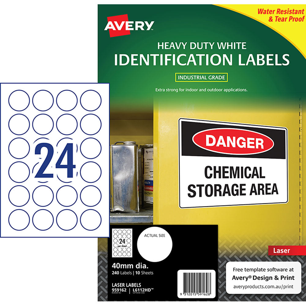 Avery Heavy Duty ID Labels L6112 White Laser 40mm Round – 24 Labels/Sheet, 10 Sheets