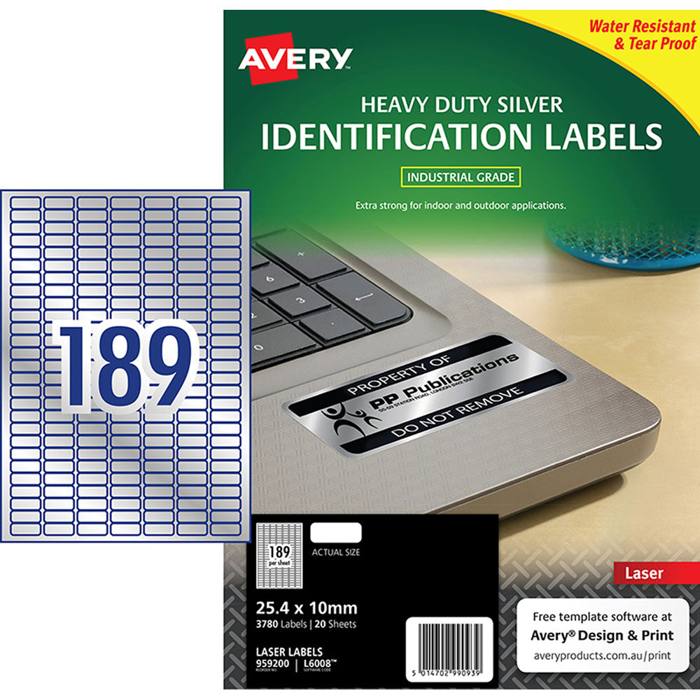 Avery L6008 Silver Heavy Duty Labels 25.4x10mm – Laser Pack of 3780 labels