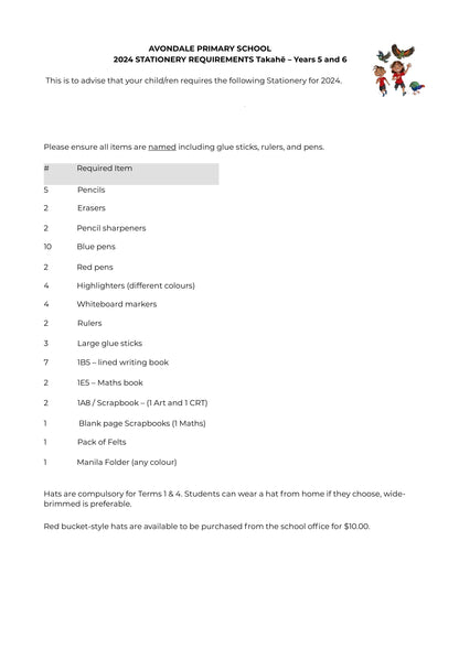 Avondale Primary School Stationery List 2024 Year 5 and 6