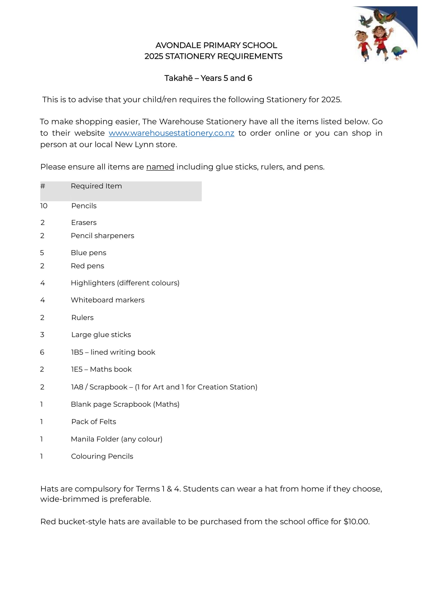 Avondale Primary School Stationery List 2025 Takahe Year 5 and 6