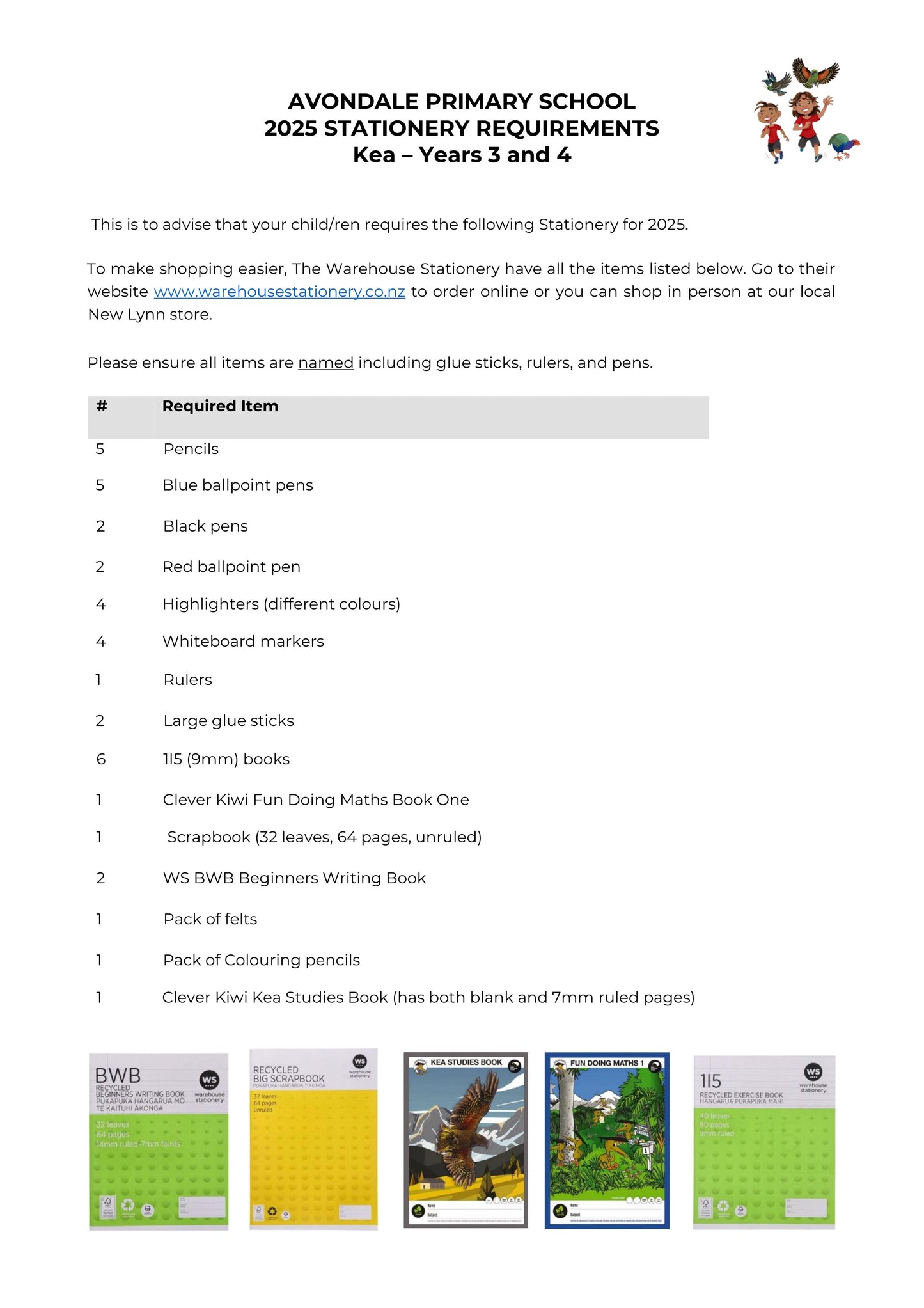 Avondale Primary School Stationery List 2025 Kea Year 3 & 4