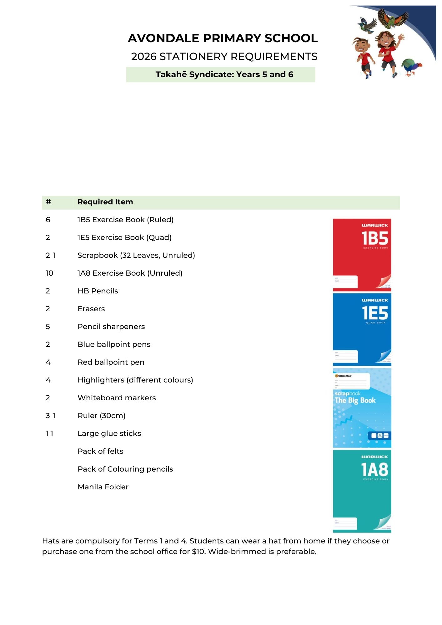 Avondale Primary School Stationery List Takehe 2026 Year 5 & 6