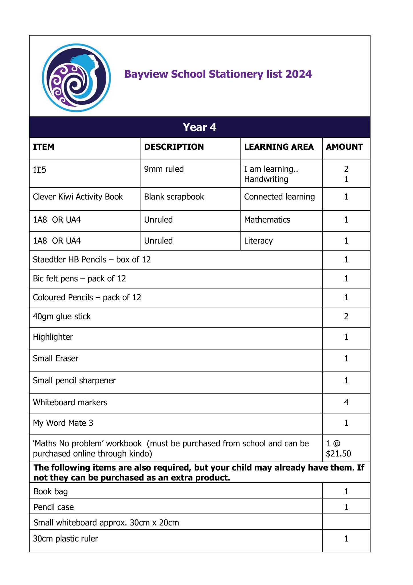 Bayview Primary School Stationery Pack 2024 Year 4