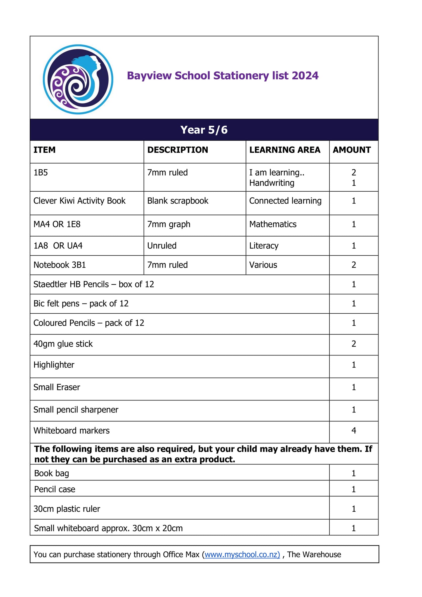 Bayview Primary School Stationery Pack 2024 Year 5 & 6