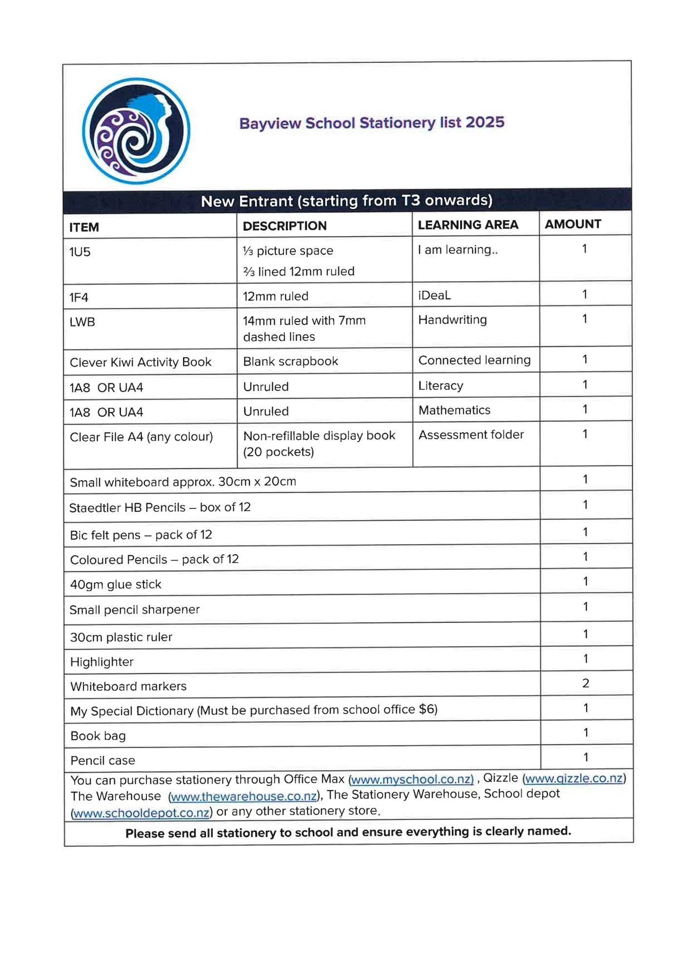 Bayview Primary School Stationery Pack 2025 New Entrant (T3-Term 3 Onwards)
