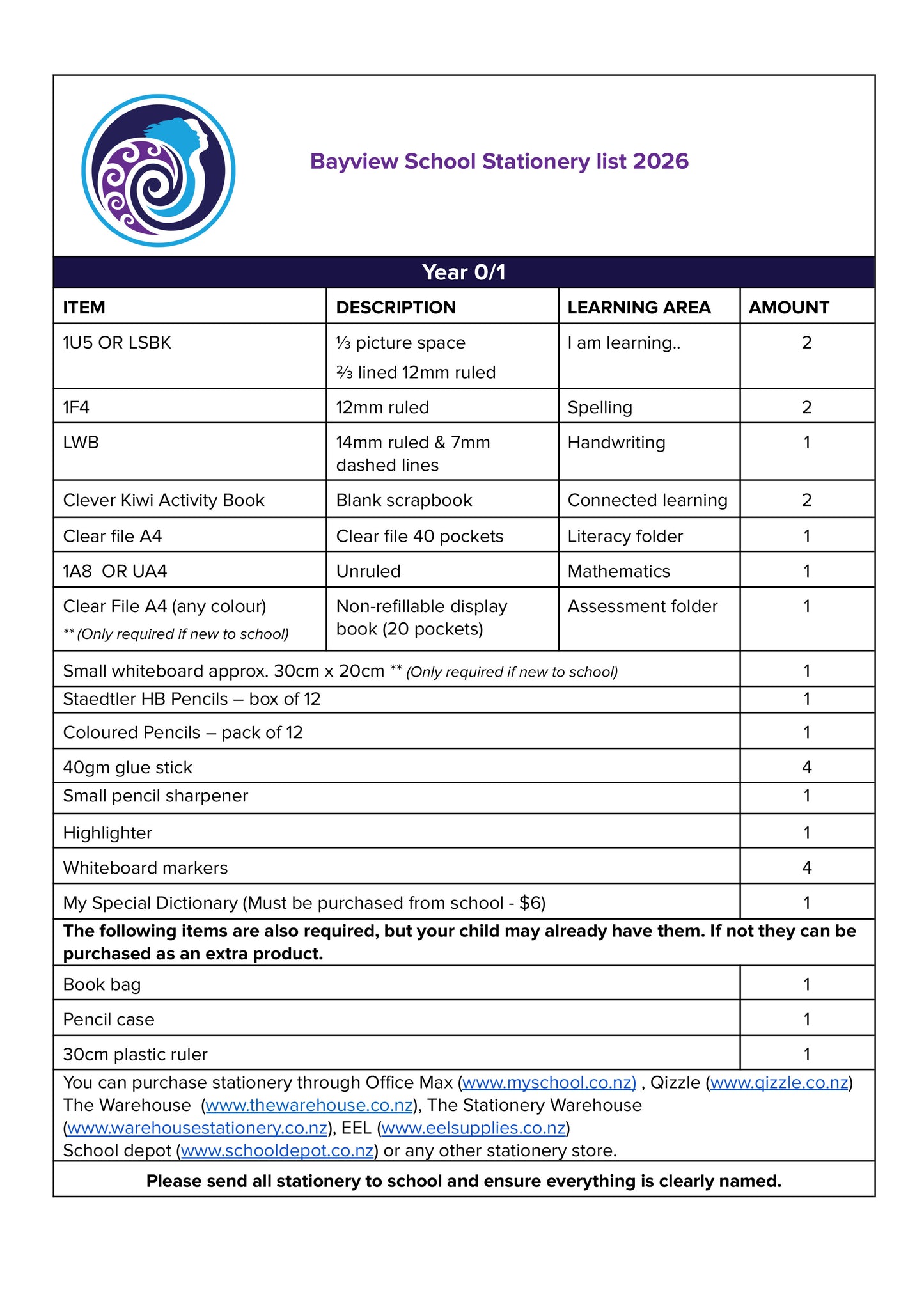 Bayiew Primary School Stationery List 2026 Year 0/1