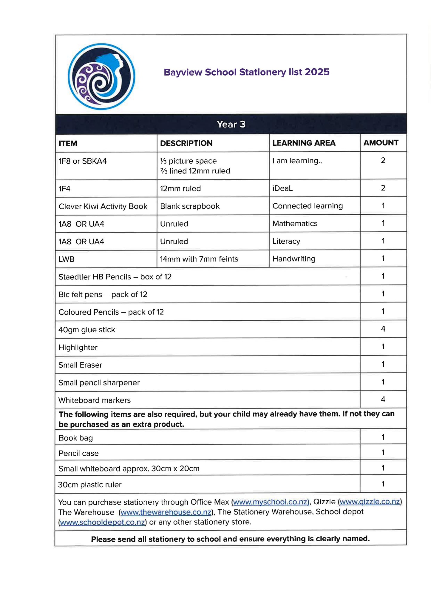 Bayview Primary School Stationery List 2025 Year 3