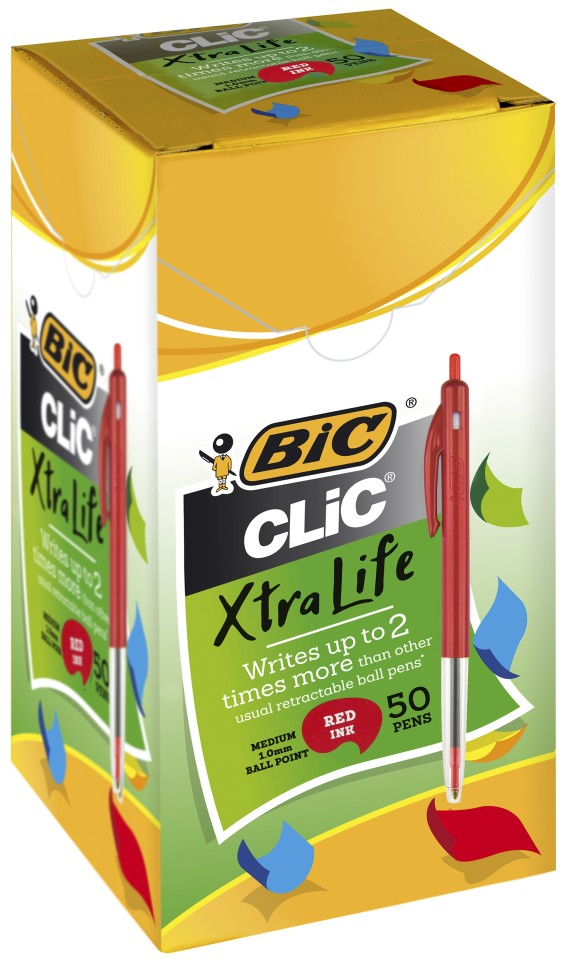 Bic Clic Ballpoint Pen Retractable Medium Tip Red Box of 50