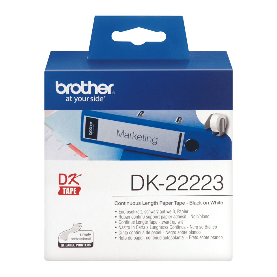 Brother DK-22223 Continuous Paper Label Roll with Removable Adhesive Black on White 50mm x 30.48m