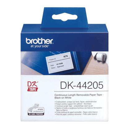 Brother DK-44205 Continuous Paper Label Roll with Removable Adhesive Black on White 62mm x 30.48m