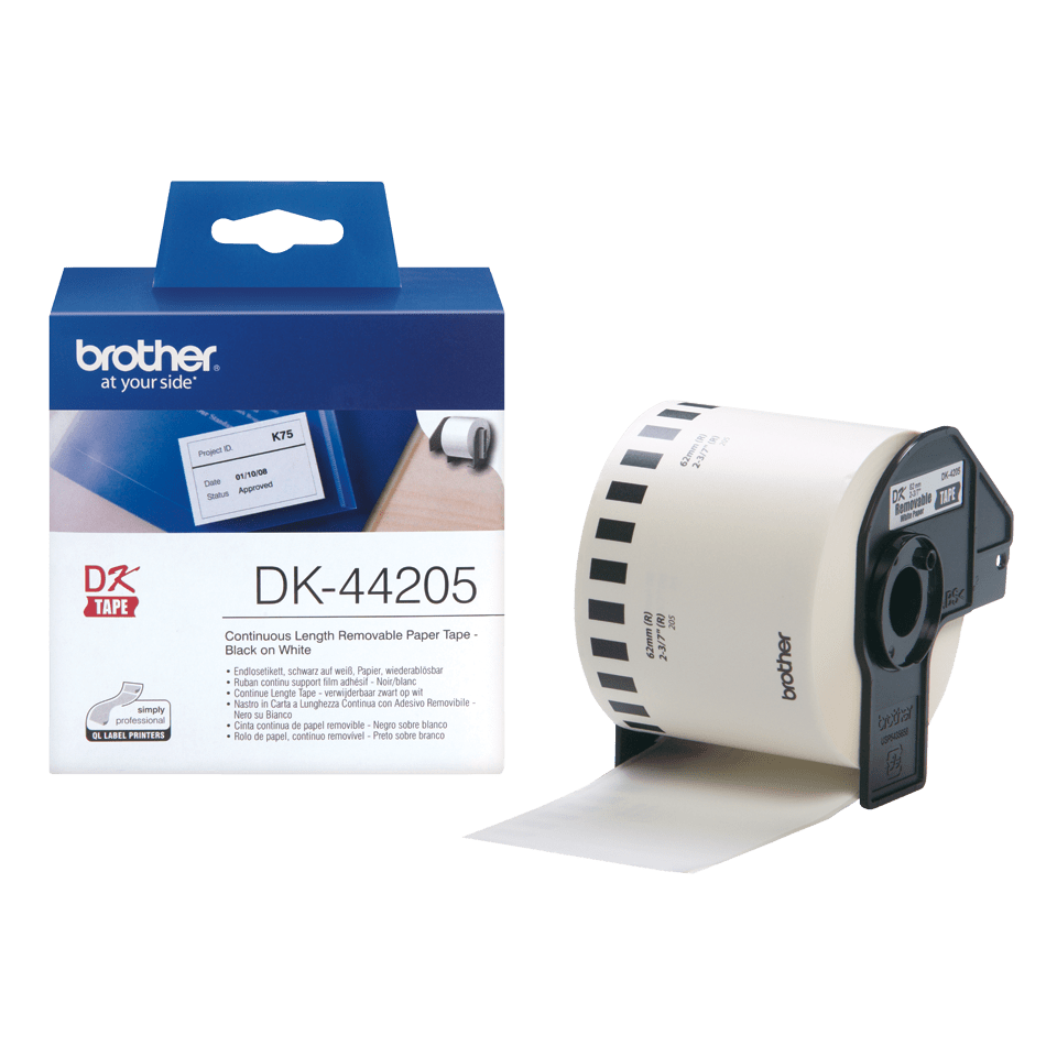 Brother DK-44205 Continuous Paper Label Roll with Removable Adhesive Black on White 62mm x 30.48m
