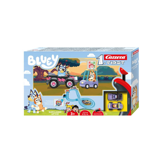 Carrera FIRST Bluey & Bingo Let’s Go Slot Car Set – 2.9m Battery Track for Kids 3+