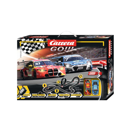 Carrera GO!!! DTM Power Lap Slot Car Racing Set – 1:43 Scale with BMW M4 GT3 & Audi R8 LMS