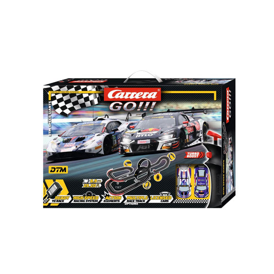 Carrera GO!!! DTM Speed Giants Slot Car Racing Set – Audi R8 vs Lamborghini Huracán – 8.9m Track with Loops & Flyover