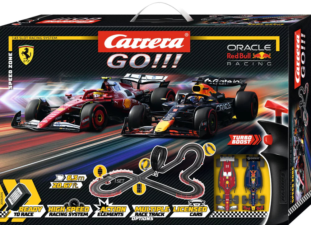 Carrera GO!!! Speed Zone Slot Car Racing Set – Formula 1 Action with Verstappen & Hamilton – 6.3m Track