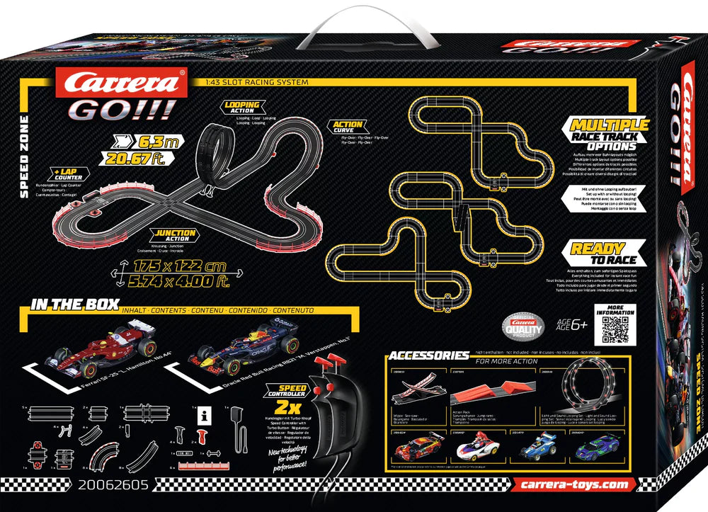 Carrera GO!!! Speed Zone Slot Car Racing Set – Formula 1 Action with Verstappen & Hamilton – 6.3m Track