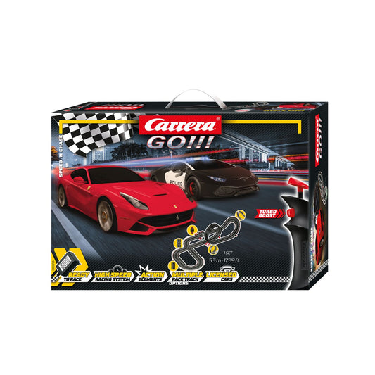 Carrera GO!!! Speed 'n' Chase Slot Car Set – 1:43 Scale Ferrari F12 vs Lamborghini Huracán Police Chase