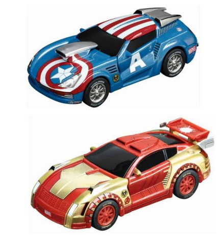 Includes Iron Man and Captain America inspired karts Includes all the required sections of the rail to create a figure 8. Requires 4 x D size batteries (not included). Suitable for children over 3 years old