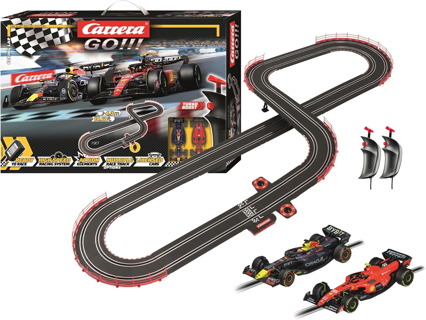 Carrera GO!!! 62572 Flying Lap Slot Car Set – 1:43 Scale Formula 1 Racing with Ferrari SF-23 & Red Bull RB19