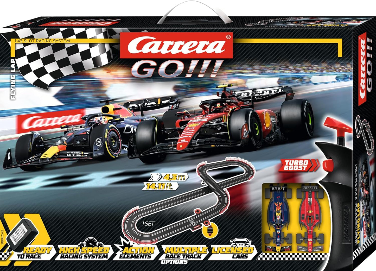 Carrera GO!!! 62572 Flying Lap Slot Car Set – 1:43 Scale Formula 1 Racing with Ferrari SF-23 & Red Bull RB19