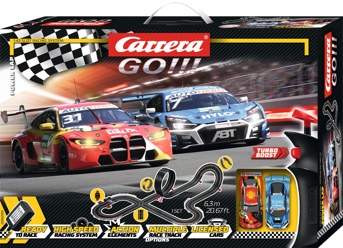 Carrera GO!!! DTM Power Lap Slot Car Racing Set – 1:43 Scale with BMW M4 GT3 & Audi R8 LMS