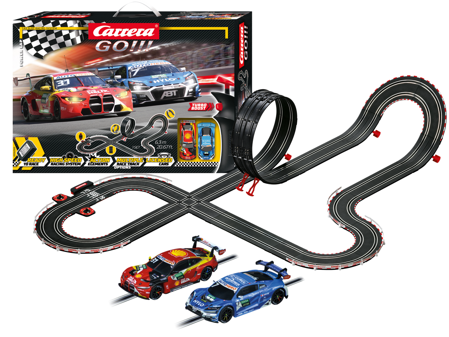 Carrera GO!!! DTM Power Lap Slot Car Racing Set – 1:43 Scale with BMW M4 GT3 & Audi R8 LMS