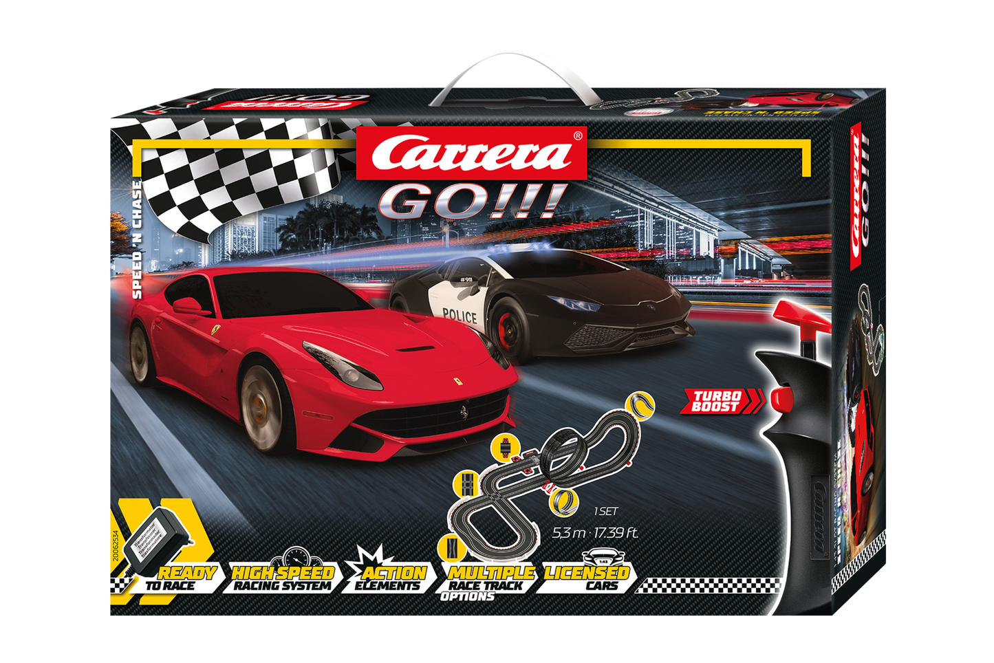 Carrera GO!!! Speed 'n' Chase Slot Car Set – 1:43 Scale Ferrari F12 vs Lamborghini Huracán Police Chase