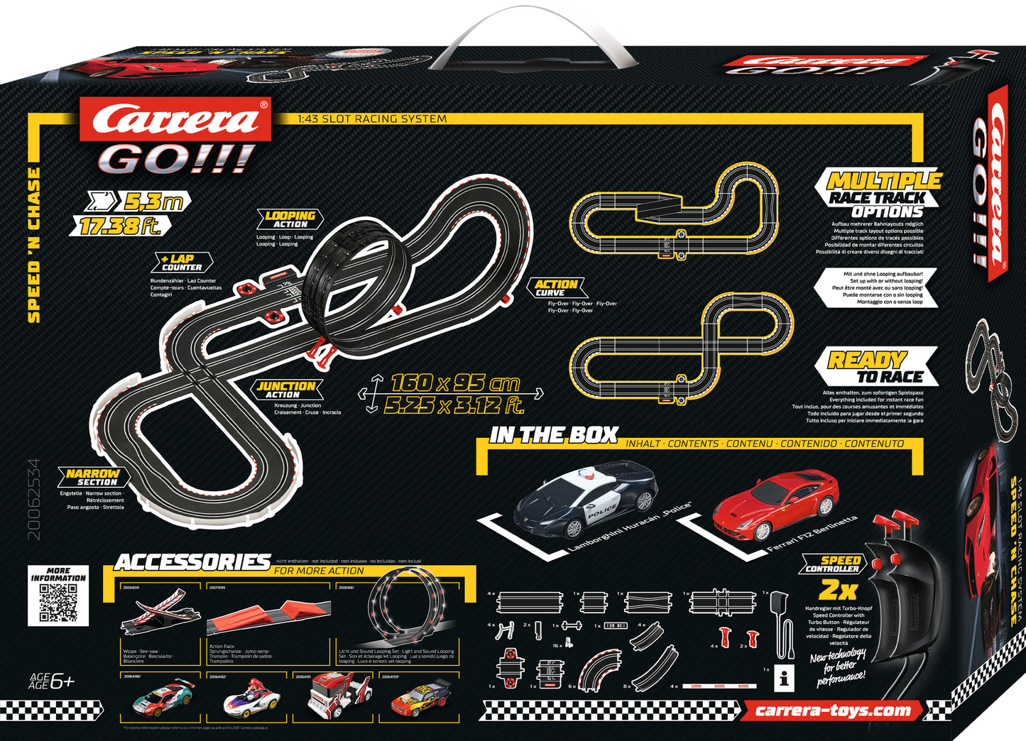 Carrera GO!!! Speed 'n' Chase Slot Car Set – 1:43 Scale Ferrari F12 vs Lamborghini Huracán Police Chase