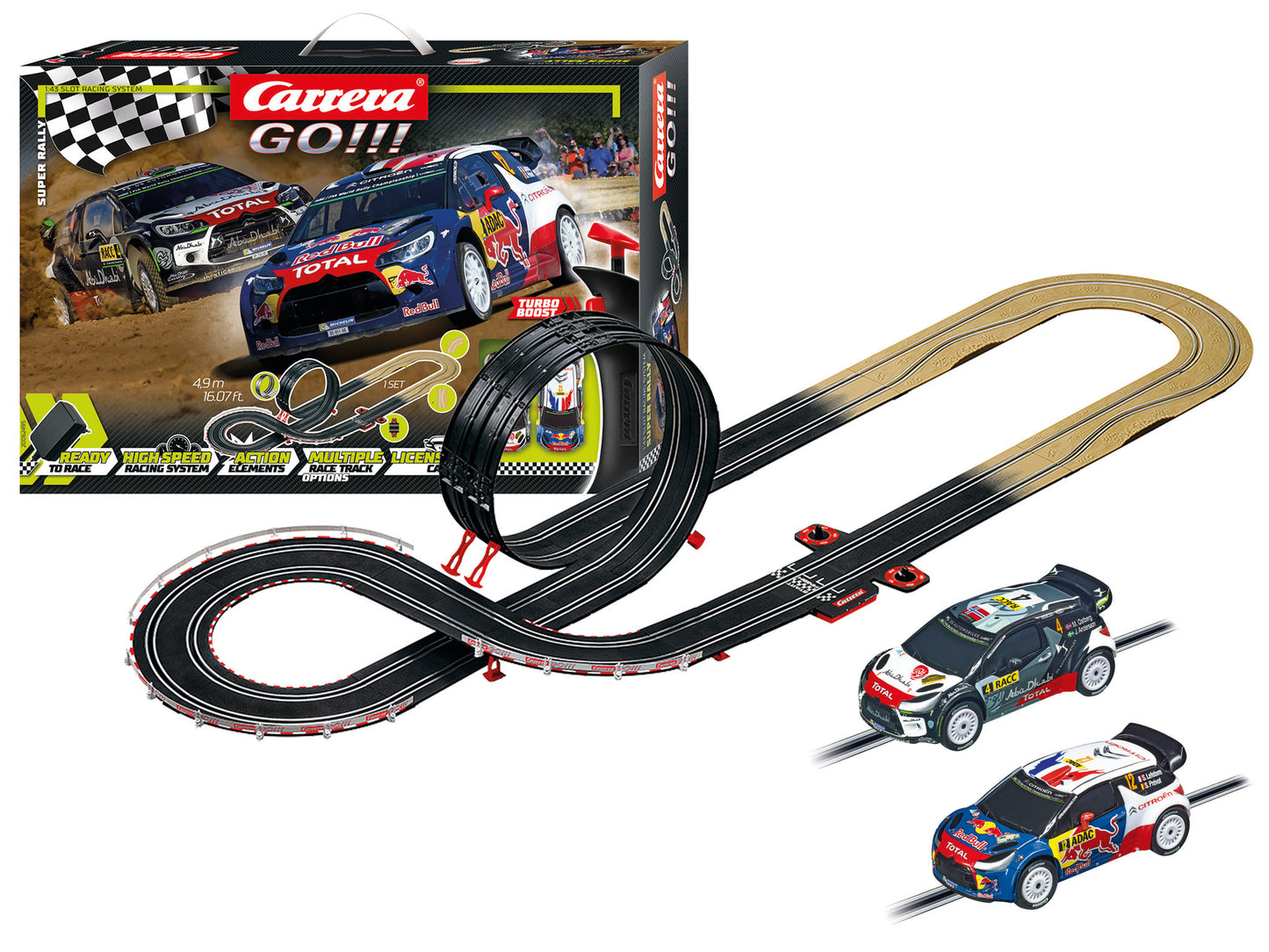 Carrera GO!!! Super Rally Slot Car Racing Set – 1:43 Scale Rally Track with Citroën DS3 WRC Cars