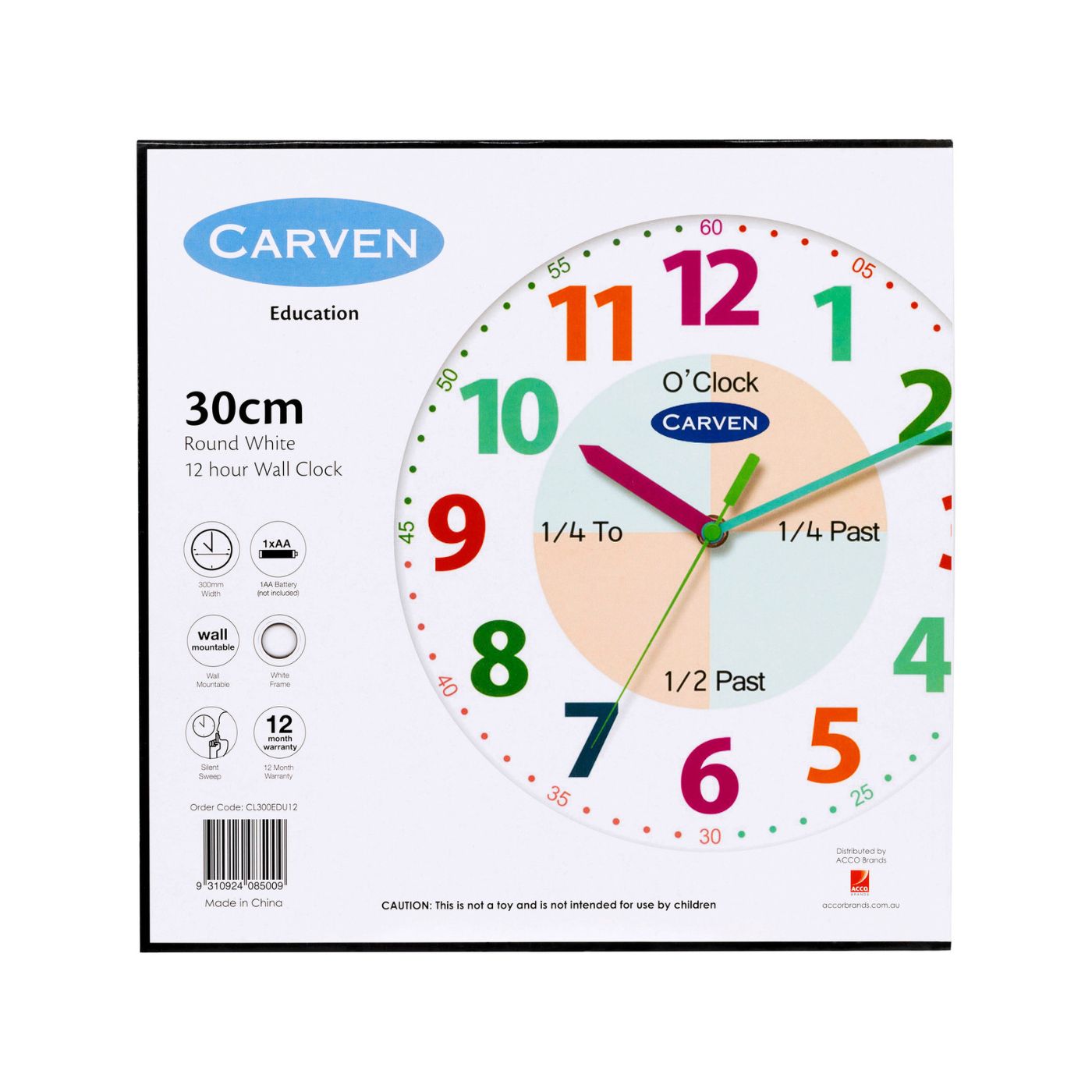 Carven Educational Wall Clock 300mm – 12-Hour Silent Learning Clock for Kids