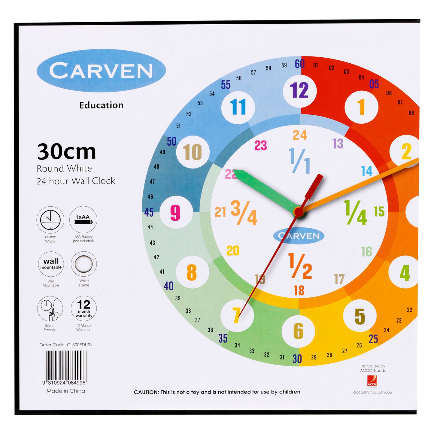 Carven Educational Wall Clock 300mm – 24-Hour Silent Learning Clock for Kids