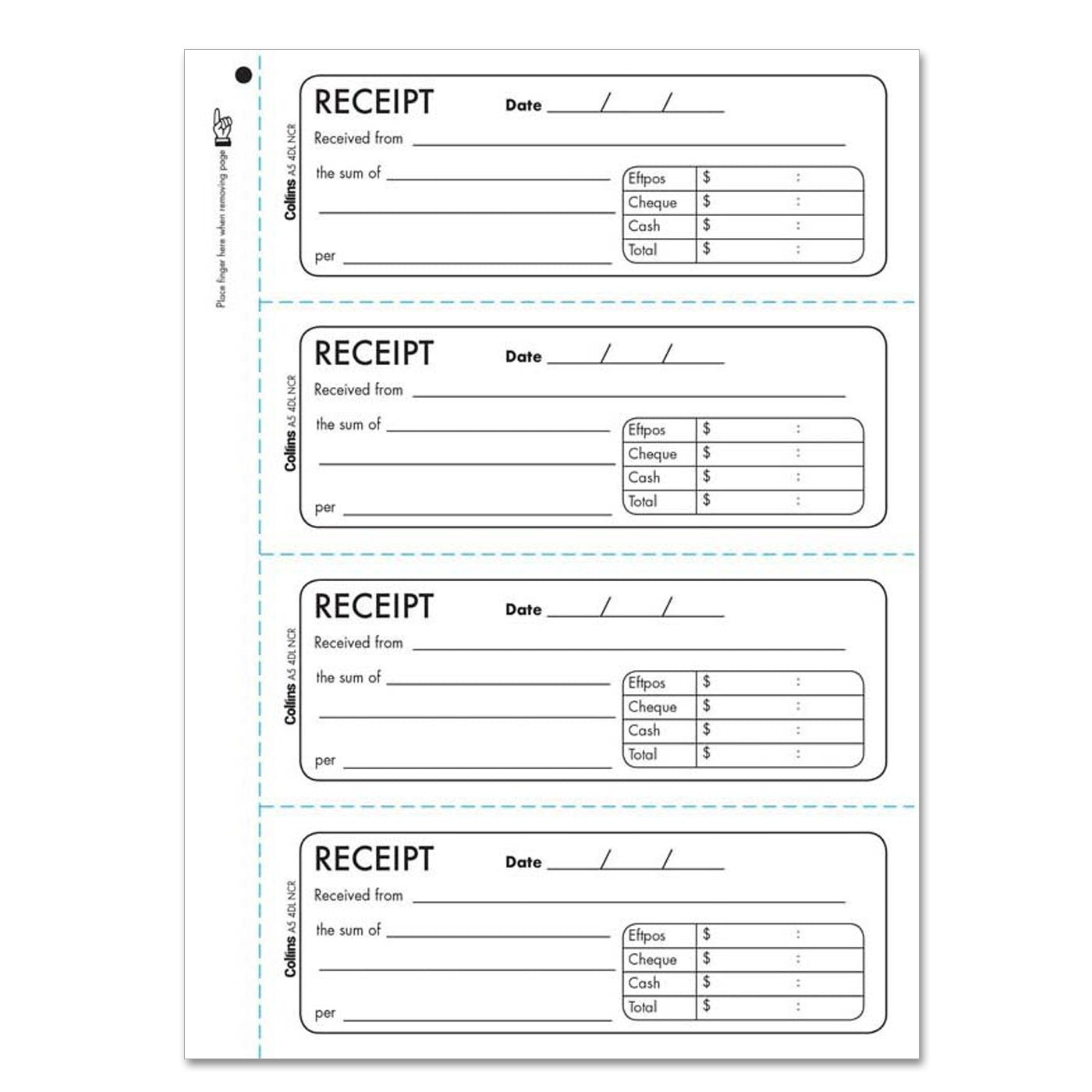 Collins Cash Receipt A5 4DL No Carbon Required 400 Duplicate Receipts